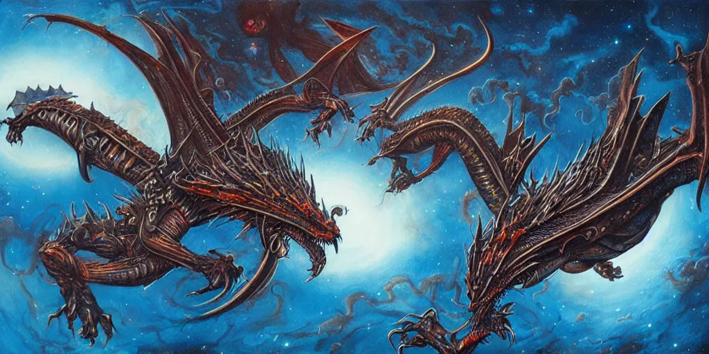 Prompt: an alien dragon flying in outer space, Dan Seagrave art