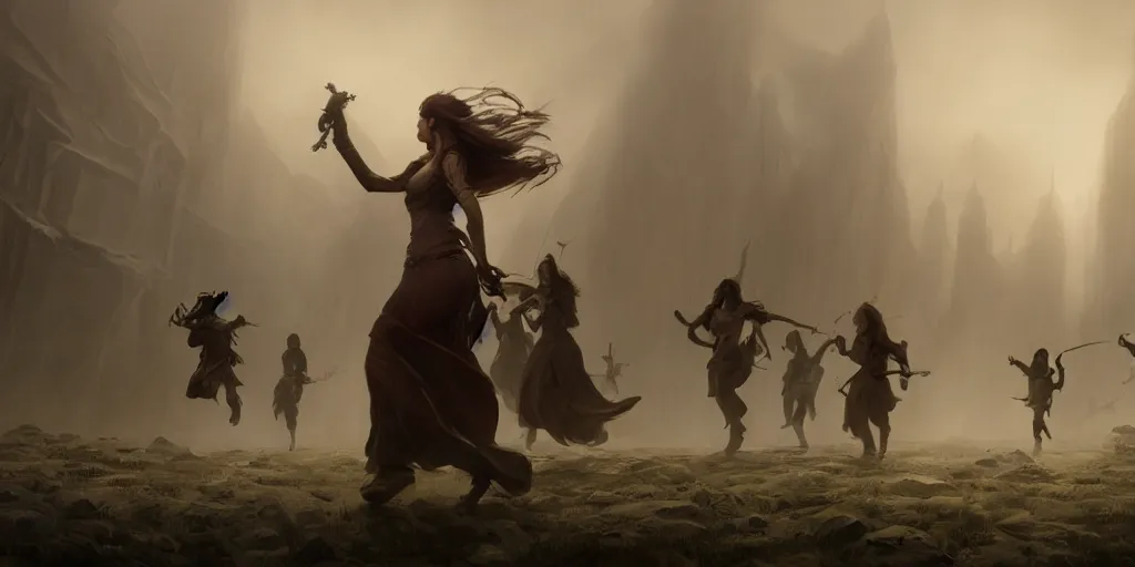 Prompt: cinematic, concept art, high fantasy matte painting, of a female bard and her adventuring party running from an angry crowd, foggy, depth of field, 8k, 35mm film grain, unreal engine 5 render highly detailed, digital painting, artstation, concept art, smooth, sharp focus, illustration, octane render, art by Leesha Hannigan, Ross Tran, Thierry Doizon, Kai Carpenter, Ignacio Fernández Ríos