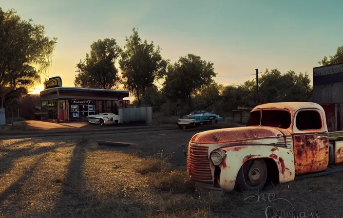 Prompt: A sunset light landscape with historical route66, abandoned gas station, old rusty pickup-truck, lots of sparkling details and sun ray’s, blinding backlight, smoke, volumetric lighting, octane, 35 mm, beautiful reflections, heavenly, softlight