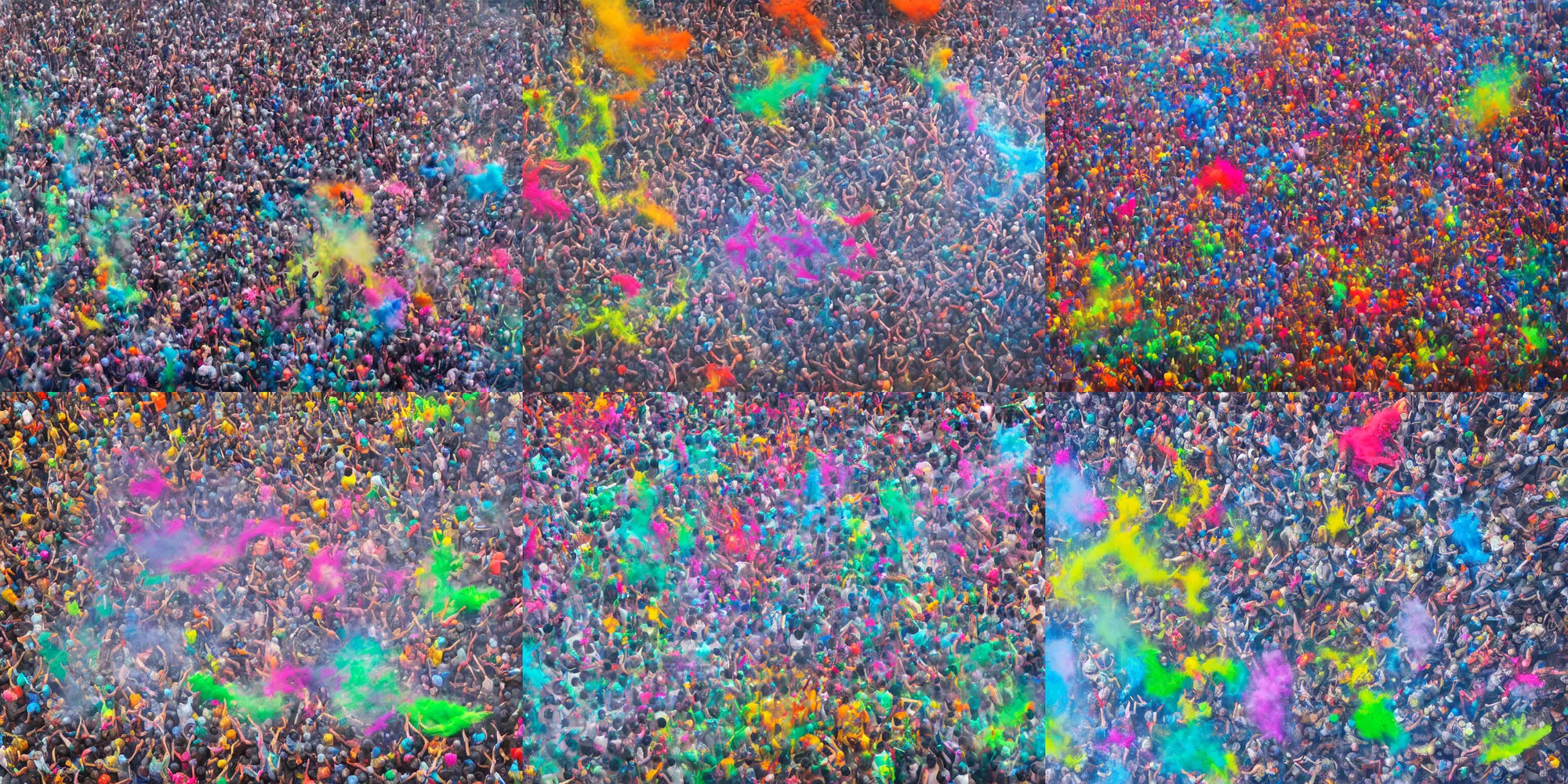 Prompt: Phalguna, color powder battle in the streets, oil painting on canvas, top view, wide shot