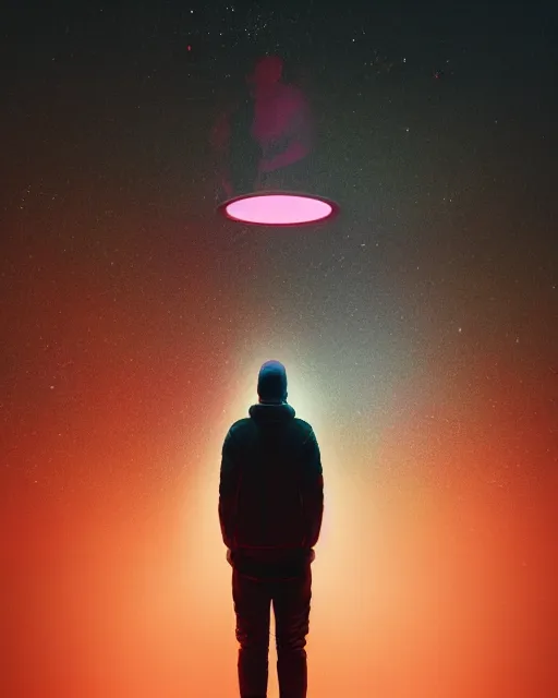 Image similar to a person standing in front of a glowy open door that's on a barren moon, poster art by mike winkelmann, trending on cg society, space art, sci - fi, ue 5, futuristic, volumetric lighting, light casting onto the ground, neat composition and camera angle