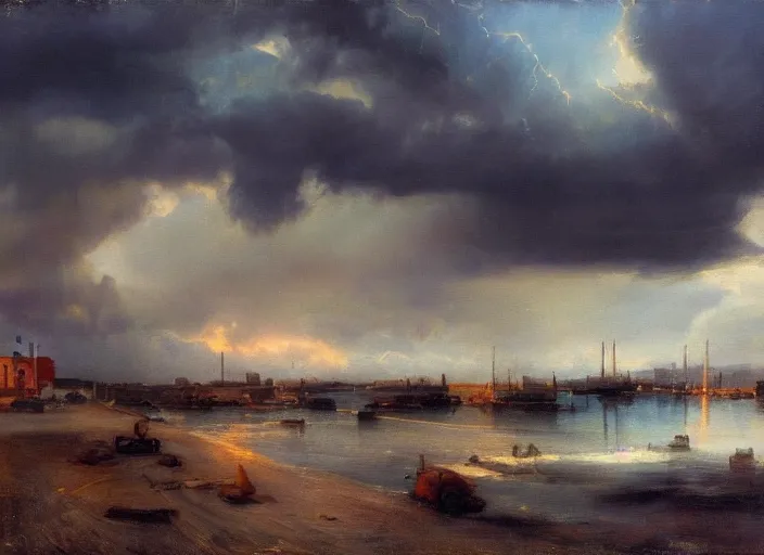 Image similar to oil painting of american old west town, harbour, dramatic storm clouds, dusty street, sunrays, dramatic, very very very beautiful art, cinematic lighting, romanticism by goya, bright pastel color, blue sky