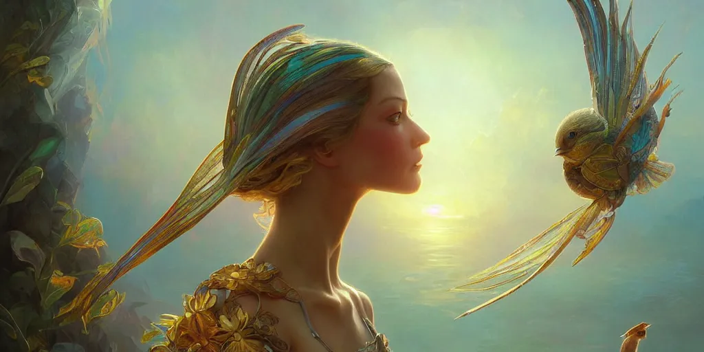 Image similar to baby bird, sunrise, pot of gold, rainbow, sci-fi, fantasy, intricate, very very beautiful, elegant, highly detailed, digital painting, artstation, concept art, smooth, sharp focus, illustration, art by artgerm and greg rutkowski and alphonse mucha