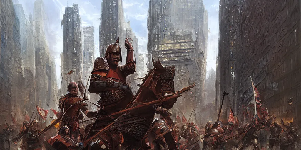 Image similar to Roman Empire legionary invading modern day New York City by Marc Simonetti