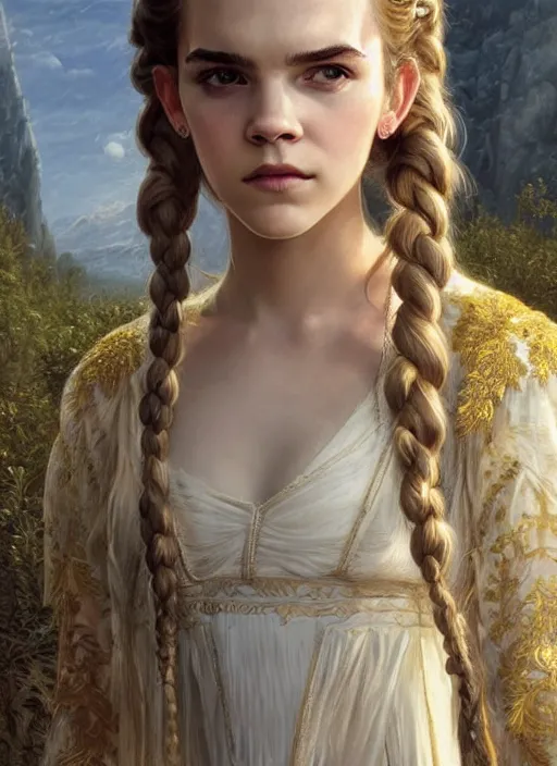 Prompt: ivory skin anya taylor - joy emma watson, symmetrical front view, long blond braided hair, white dress with golden embroideries, full body shot, mountain village background, highly detailed, sharp focus, illustration, art by aleksi briclot, magali villeneuve, greg rutkowski, alfons mucha