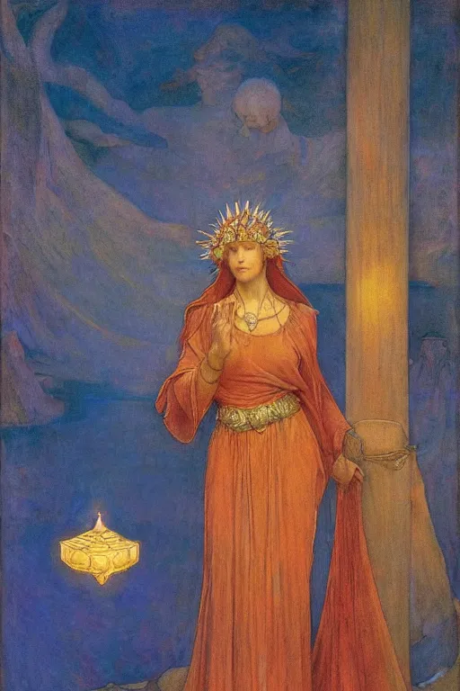 Image similar to queen of the dawn with her lantern, by Annie Swynnerton and Nicholas Roerich and jean delville, dramatic cinematic lighting , ornate headdress , flowing robes, lost civilizations, extremely detailed