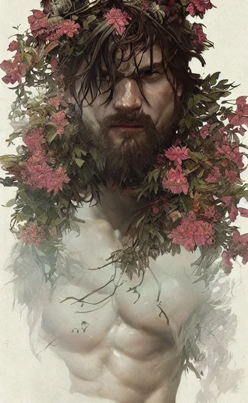 Image similar to god of the forest, 3 0 years old, rugged, male, gorgeous, detailed face, amazing, thighs!!!!!!, flowers, muscular, intricate, highly detailed, digital painting, artstation, concept art, sharp focus, illustration, art by greg rutkowski and alphonse mucha