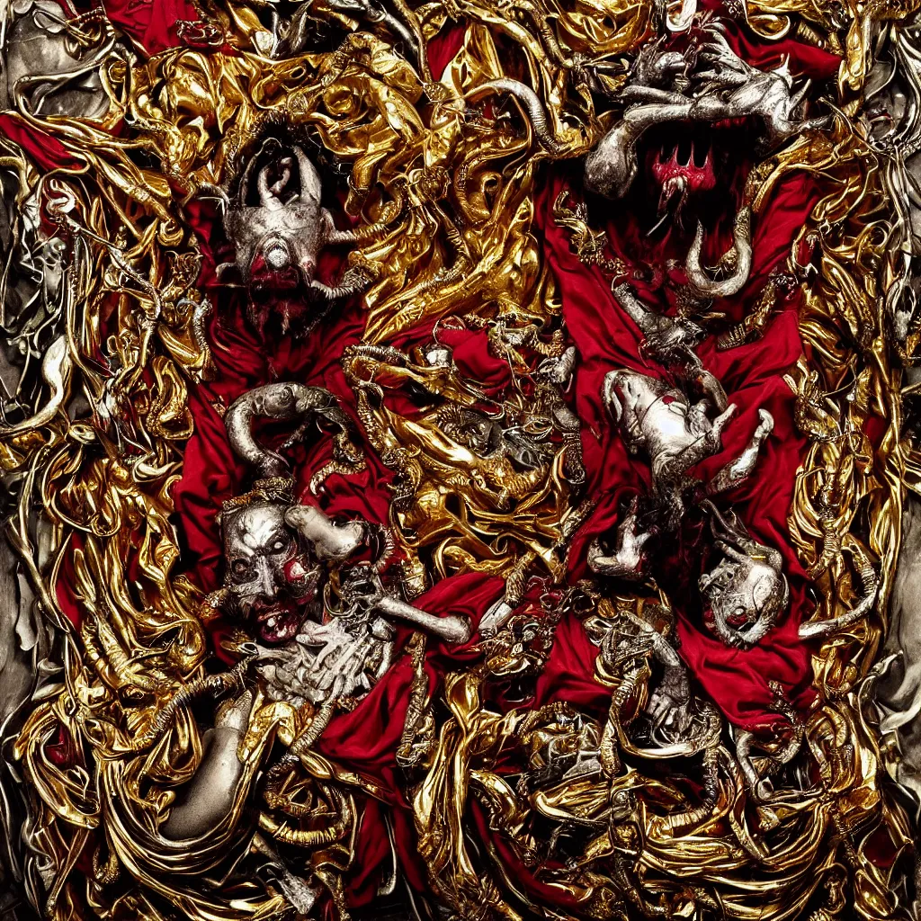 Prompt: award winning photo of supreme demon spirit, draped in shiny gold and silver, puking blood, red eyes wide open, finland, birds, rats, religious, mysticism, vivid colors, calm, symmetrical face, beautiful eyes, studio lighting, art by sally mann & arnold newman & roger ballen