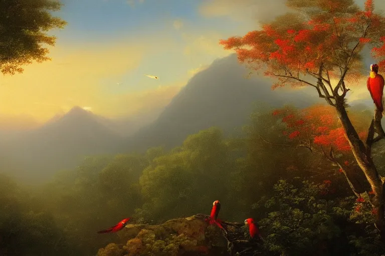 Image similar to gorgeous scarlet macaws flying at beautiful sunset in the distance through the forest, jungle mountains in the background, highly detailed, trending on art station, very detailed birds, art y ivan aivazovsky