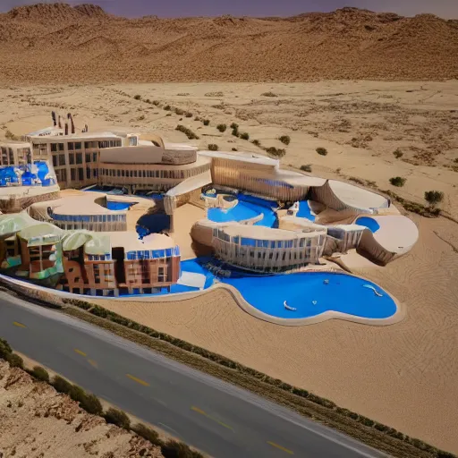 Image similar to baby toy style hotel in the dessert, big scale