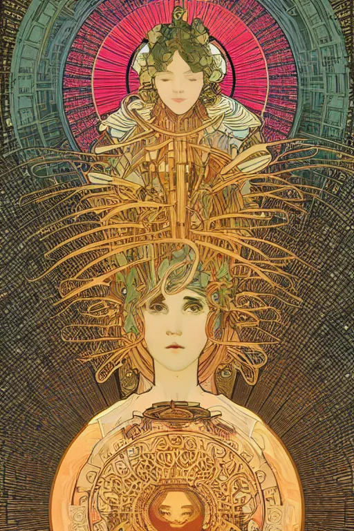 Image similar to technological deity by greg rutowski , victo ngai , alphonse mucha