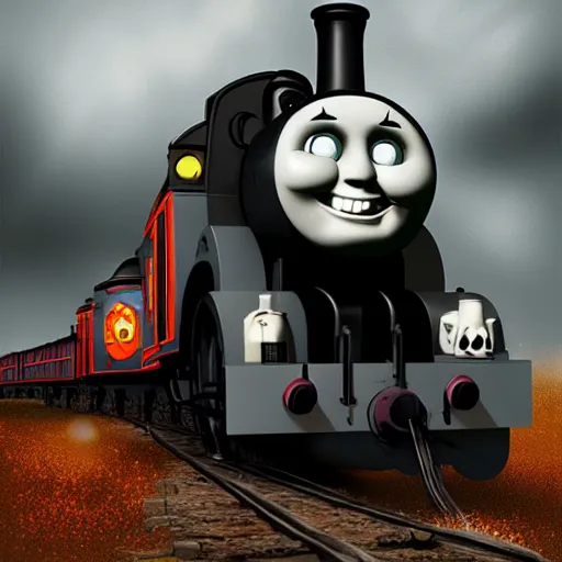 Image similar to gloomy and frightening thomas the engine goes straight to hell, artstation