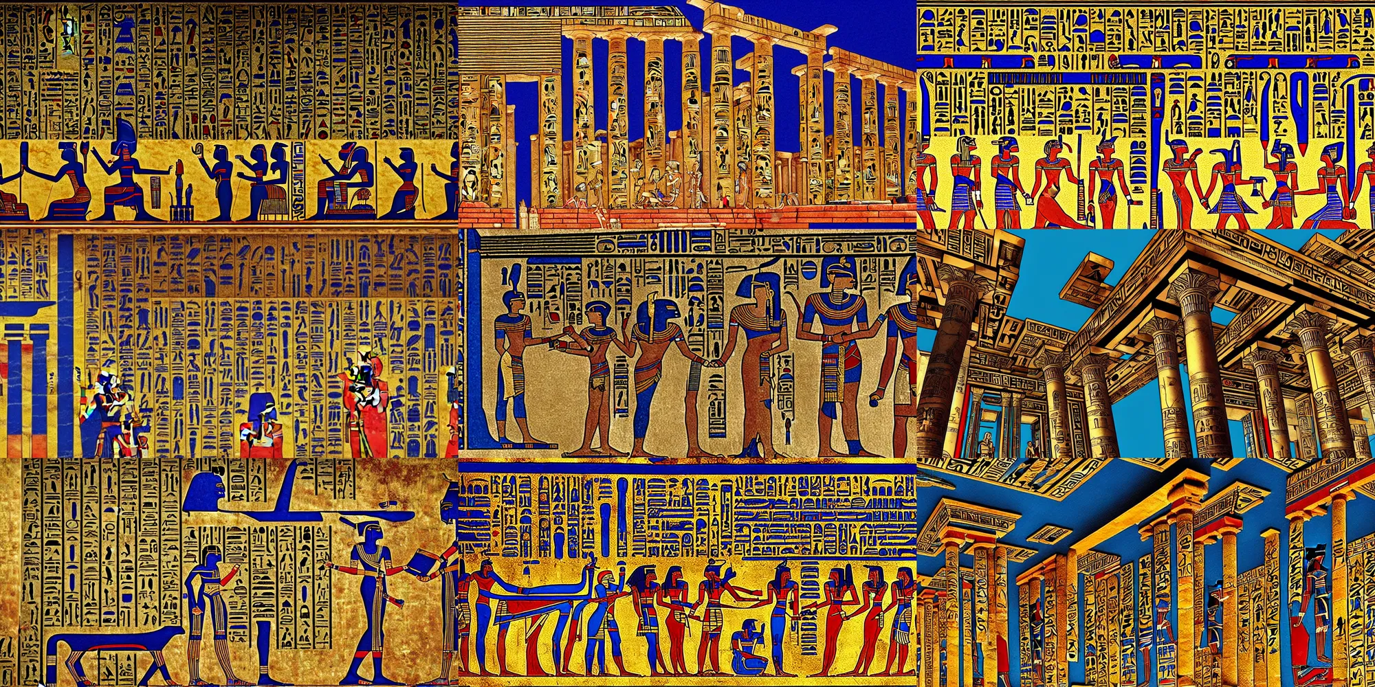 Prompt: ancient egyptian temple with hieroglyphics and hypostole hall, in black blue gold and red, low angle, beautiful wide shot in anime style