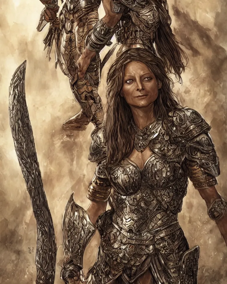 Image similar to jodie foster as an amazon warrior, tall and beautiful with brown skin and long hair, dressed in hellenistic body armor, intricate, elegant, highly detailed, smooth, sharp focus, detailed face, art by ardian syaf