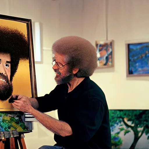 Image similar to interviewing bob ross inside of the hollow earth