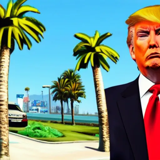 Prompt: Donald trump in GTA V . Los Santos in background, palm trees. in the art style of Stephen Bliss