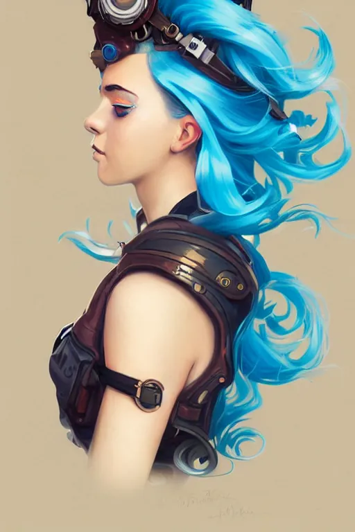 Prompt: portrait painting of a teenage girl with swept back wild blue hair, fashionable, windy, steampunk, full body, solid background color, sharp focus, award - winning, cinematic pose, cinematic lighting, trending on artstation, masterpiece, highly detailed, intricate. art by josan gonzales and moebius and deathburger