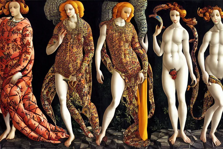 Prompt: birth of venus gucci versace tiger print intricate modern textiles cloak tunic streetwear cyberpunk sandro botticelli