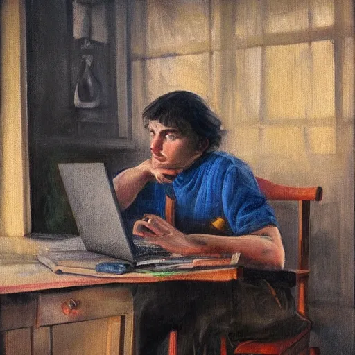 Image similar to detailed intricate socialrealism painting of web designer with laptop, heroic, beautiful