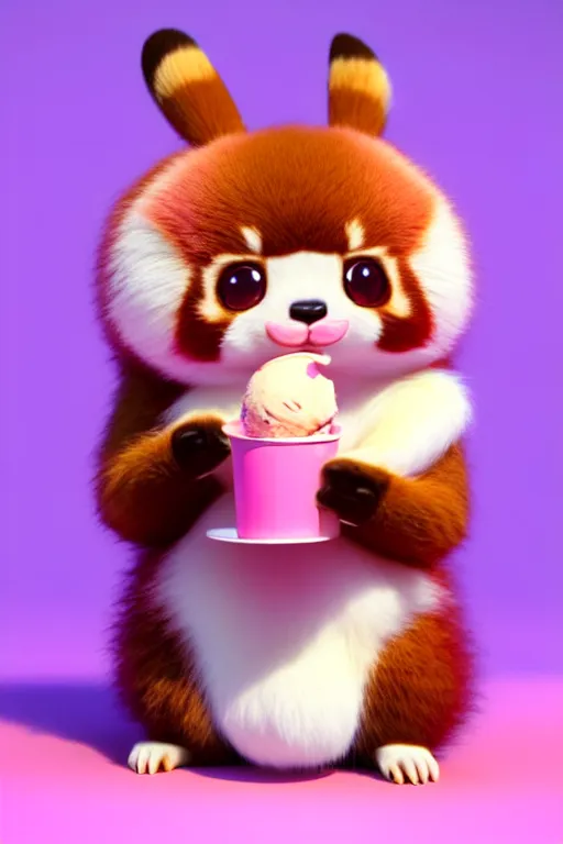 Image similar to high quality 3 d render hyperrealist very cute pastel fluffy! red panda & tarsier hybrid eating giant ice cream full body, vray smooth, in the style of detective pikachu, hannah yata charlie immer, very dramatic pink light, low angle, uhd 8 k, shallow depth or field