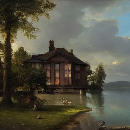 Image similar to a house by the lake painted by geoffroy thoorens