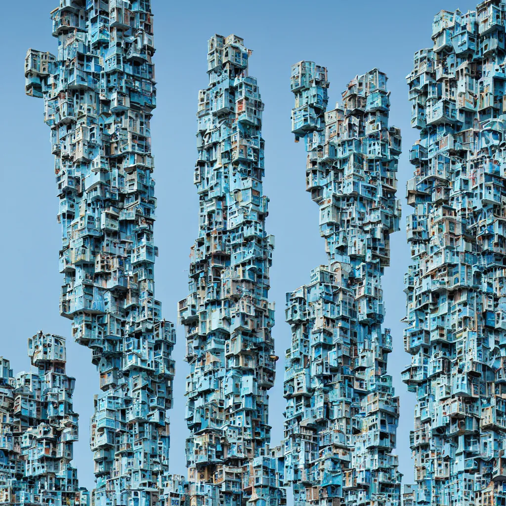 Prompt: close - up towers made up of colourful squatter housing, bleached colours, plain uniform light blue sky, dystopia, mamiya, very detailed, ultra sharp, photographed by john chiara
