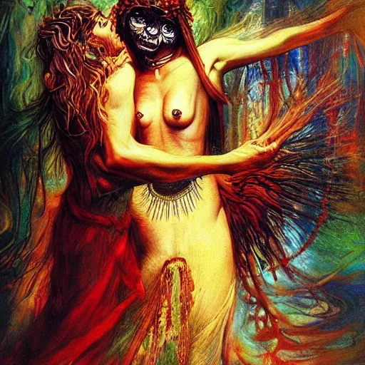 Image similar to the concept of a loving relationship, transcendence, airbrush art, shamanic dmt horror art, by edwin austin abbey