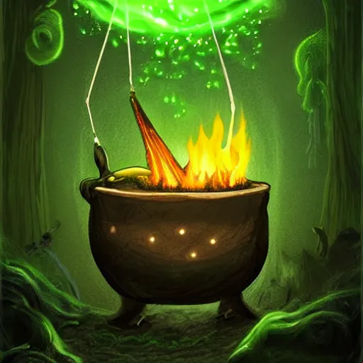 Prompt: a black cauldron filled with a magical green glowing liquid hanging in the air, campfire below the cauldron, night, fantasy, digital art, mysterious, realistic