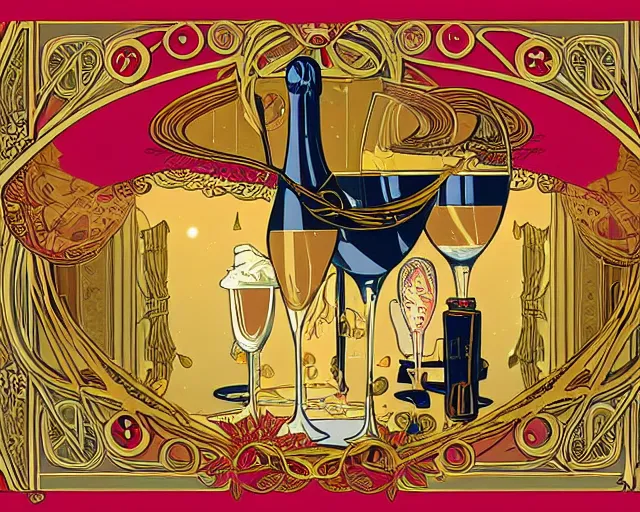 Image similar to art nouveau style champagne commercial, artstation, illustration, bright, cheerful, detailed and intricate environment