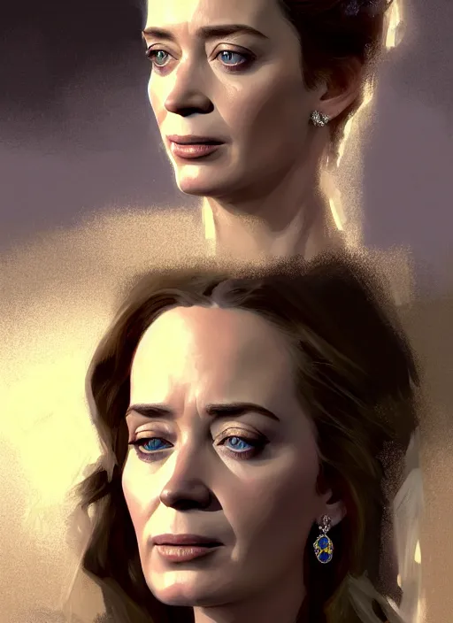 Image similar to portrait of emily blunt as queen, crying, tears, jewelry, greek, sapphire, victorian age, 1 8 9 0, intricate, headshot, key visual, conceptart, ambient lighting, highly detailed, digital painting, artstation, concept art, sharp focus, by makoto shinkai and akihiko yoshida and greg manchess