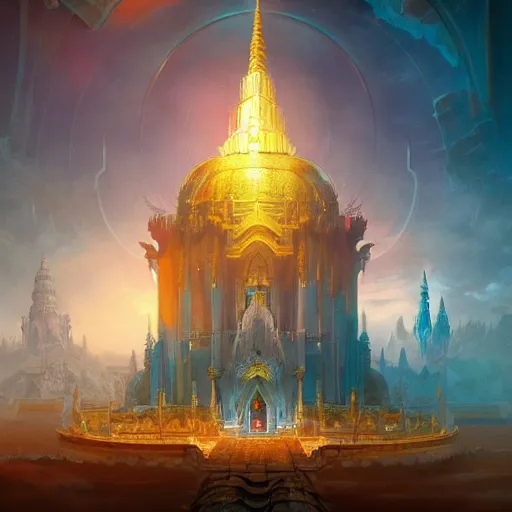 Image similar to grand palace temple for leader of galactic empire by peter mohrbacher, vivid colors, matte painting, 8K, concept art, mystical color scheme, trending on artstation