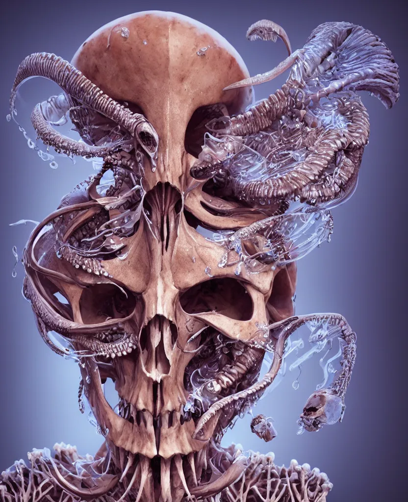 Prompt: close-up macro portrait of the face of a beautiful princess with ram skull mask, epic angle and pose, ribcage skeleton symmetrical artwork, 3d with depth of field, blurred background, cybernetic jellyfish female face skull phoenix bird, translucent, nautilus, energy flows of water and fire. a highly detailed epic cinematic concept art CG render. made in Maya, Blender and Photoshop, octane render, excellent composition, cinematic dystopian brutalist atmosphere, dynamic dramatic cinematic lighting, aesthetic, very inspirational, arthouse. y Greg Rutkowski, Ilya Kuvshinov, WLOP, Stanley Artgerm Lau, Ruan Jia and Fenghua Zhong