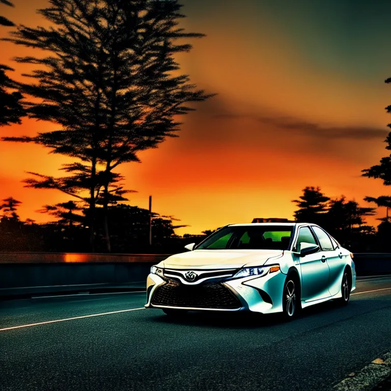 Image similar to close-up-photo TOYOTA CAMRY middle of street, sunset kanagawa prefecture, night, cinematic color, photorealistic, highly detailed,