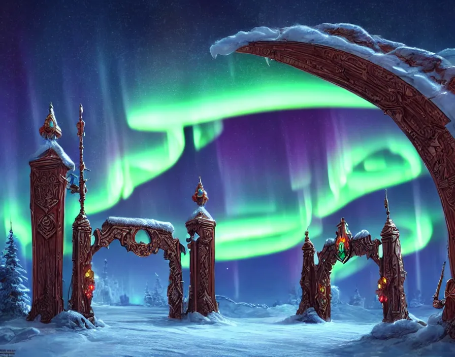 Image similar to a very detailed concept art of intricate and well designed eldar gates to north pole, infused with aurora borealis, dynamic lighting, trending on artstation, path traced, highly detailed, high quality, digital painting, digital art, 4 k, hyper realistic, octane render, sharp focus