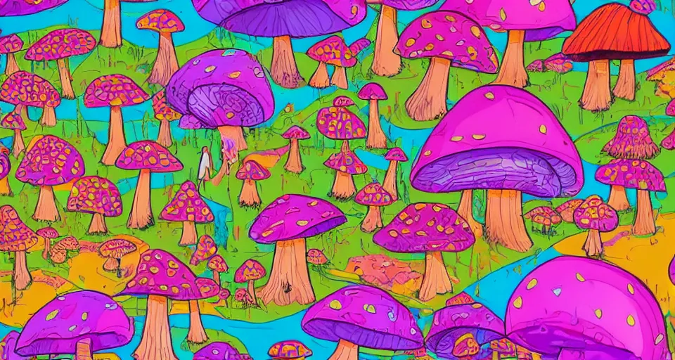 Prompt: A tribal village in a forest of giant mushrooms, by Lisa Frank,