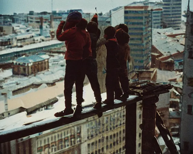 Image similar to lomo photo of roofjumpers climbing on roof of soviet hrushevka, small town, cinestill, bokeh, out of focus