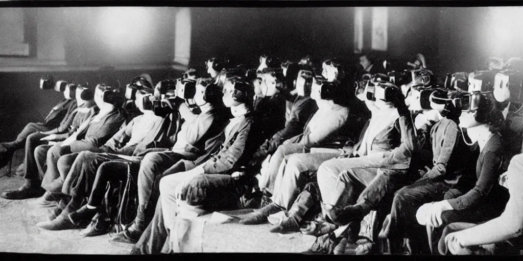 Image similar to 1 9 0 0 s photo of people using iphones ipods virtual reality headsets vr watching hd tv in a movie theater