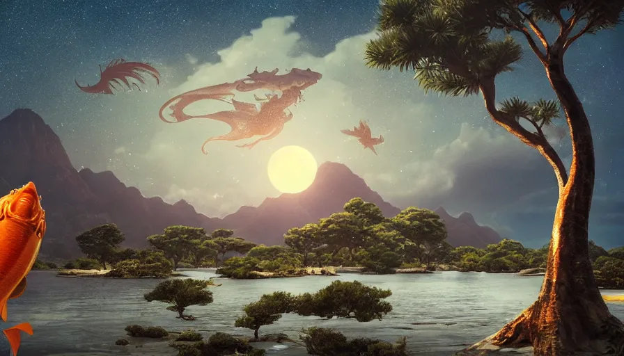 Image similar to big koi fish swimming in the sky over moonlit socotra island with dragon trees, starry night, sharp focus, wide shot, trending on artstation, masterpiece, by greg rutkowski, by ross tran, by fenghua zhong, octane, soft render, ultrarealistic, colorful, cinematic, midsommar