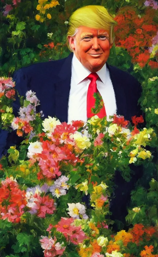 Prompt: romantic portrait of donald trump in an elegant dress surrounded by beautiful flowers, by gregory manchess, james gurney, james jean, realistic, photo, 8 k