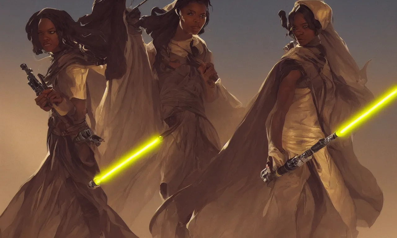 Image similar to A black female jedi with a yellow lightsaber in her hand, in the background is a desert village, intricate, elegant, highly detailed, digital painting, artstation, concept art, smooth, sharp focus, illustration, art by artgerm and greg rutkowski and alphonse mucha