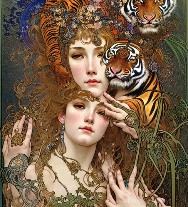 Prompt: realistic detailed face of the beautiful goddess of tigers with a giant tiger head headdress by alphonse mucha, ayami kojima, amano, greg hildebrandt, mark brooks, and ernst haeckel, golden ratio, art nouveau, neo - gothic, gothic, neoclassical,