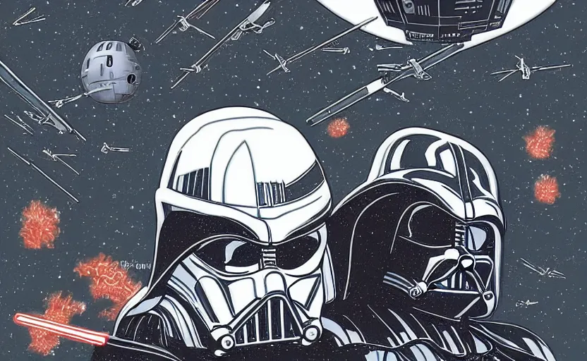 Image similar to darth vader on the death star surrounded by storm troopers and tie fighters, in the style of studio ghibli