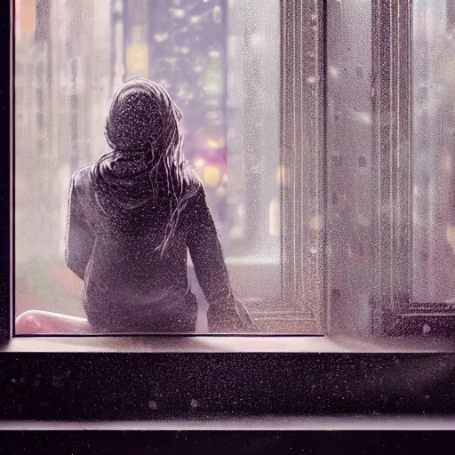 Image similar to A young woman sitting inside a cafe looking out of a window while it's raining outside, nighttime, cyberpunk, ultra realistic, concept art, intricate details, eerie, highly detailed, photorealistic, octane render, 8k, unreal engine, art by Bjorn Hurri