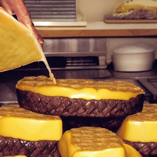 Prompt: a cheeseburger with 1 0 0 0 slices of cheese in it, overflowing with cheese, touching the ceiling