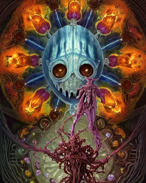 Image similar to the platonic ideal of flowers, rotting, insects and praying of cletus kasady carnage davinci dementor chtulu mandelbulb mandala ponyo dinotopia bioshock the witcher, d & d, fantasy, ego death, decay, dmt, psilocybin, concept art by randy vargas and greg rutkowski and ruan jia and alphonse mucha