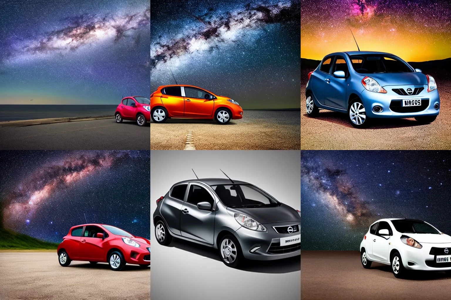 Prompt: a 2013 nissan Micra floating in the milky way galaxy