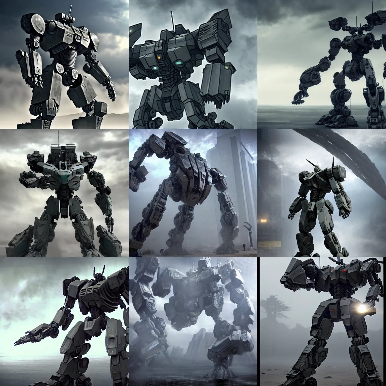 Prompt: massive interwoven gray sandstorm swirling, rotating, spinning whirlwind, intertwined a dissolving, disappearing humanoid mech, armored core, pacific rim jaeger