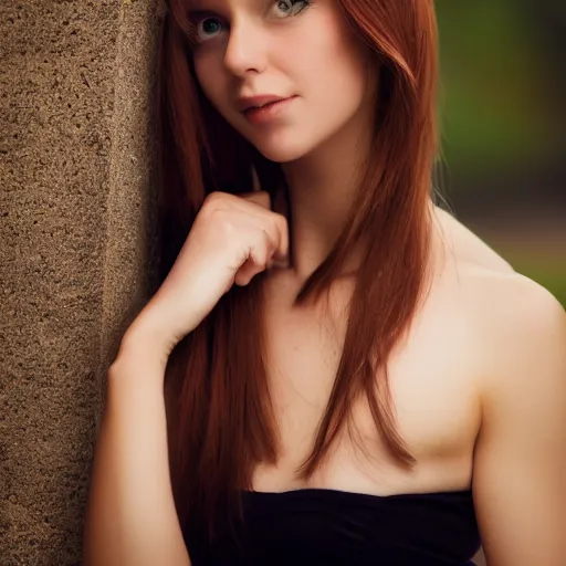 Prompt: realistic photo of a gorgeous young woman, half body shot, model pose, 85mm sigma art lens, bokeh, studio lighting, soft eyes, auburn hair