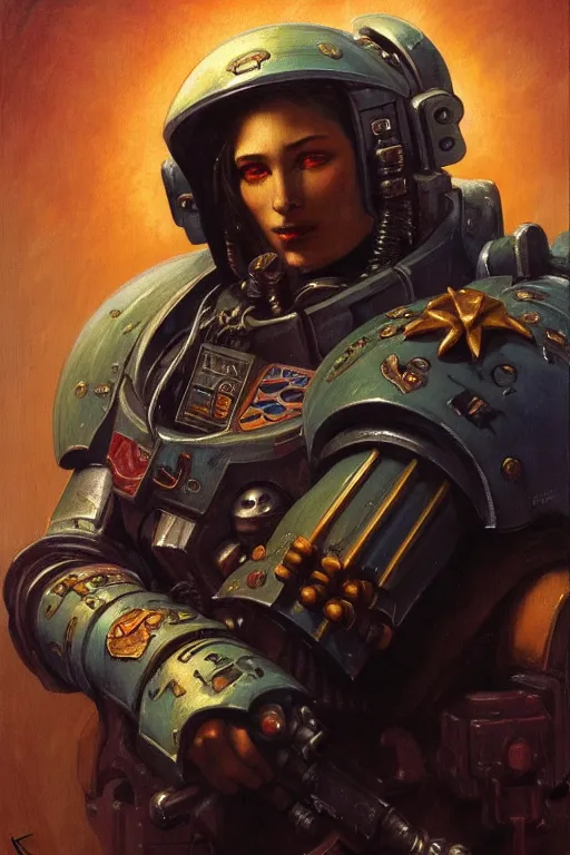 Image similar to character portrait cyberpunk starcraft terran warhammer 4 0 k space marine commmissar ( ( ( ( ( ( ( ( totally definitely not negative no not mona lisa inspired ) ) ) ) ) ) ), character design, painting by gaston bussiere, katsuya terada, frank frazetta, tom of finland, trending on artstation