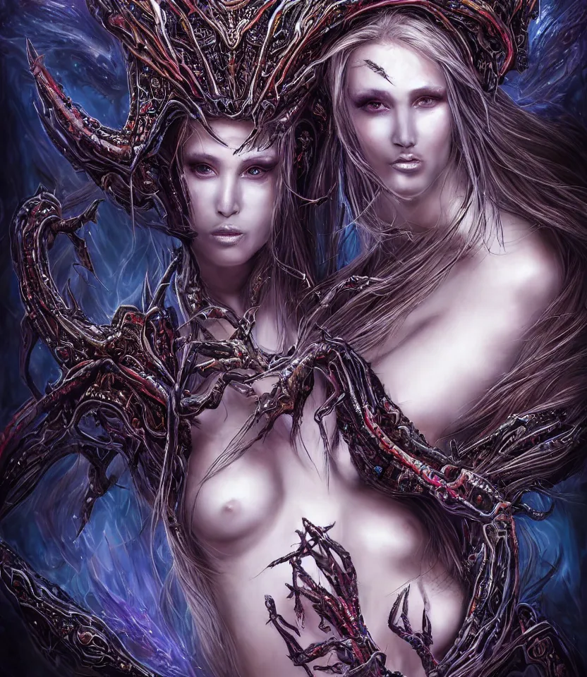 Image similar to close up portrait on the enchanting femenine queen of the zerg, hyper attractive, seductive, very complex, hyper-maximalist, overdetailed, legendary cinematic, darkfantasy, archetype with timeless beauty breathtaking eyes, her spider like legs spread evenly around her framing the image, collossal alien ship in the sky behind her, highly intricate, digital art, very elegant, HDR 8K, biblical art, realism, incomprehensible yet perspicious detail, unbeatable quality, silent hill aesthetic, photorealistic, lifelike, DSLR 8k, unbeatable coherency, Omnious intricate, octane render, created Nixeu & z--ed from deviantart